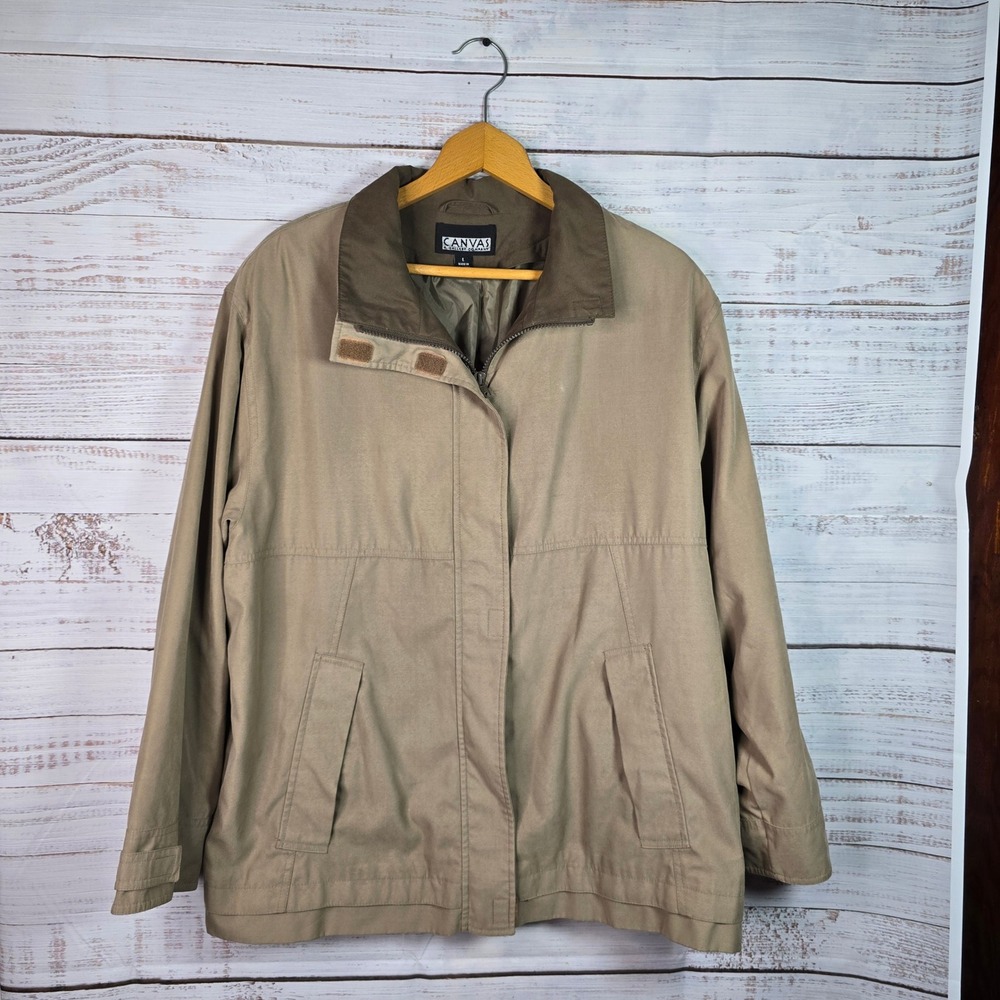 Canvas Lightweight Khaki Utility Jacket Women's Large Full Zip Hidden Snap